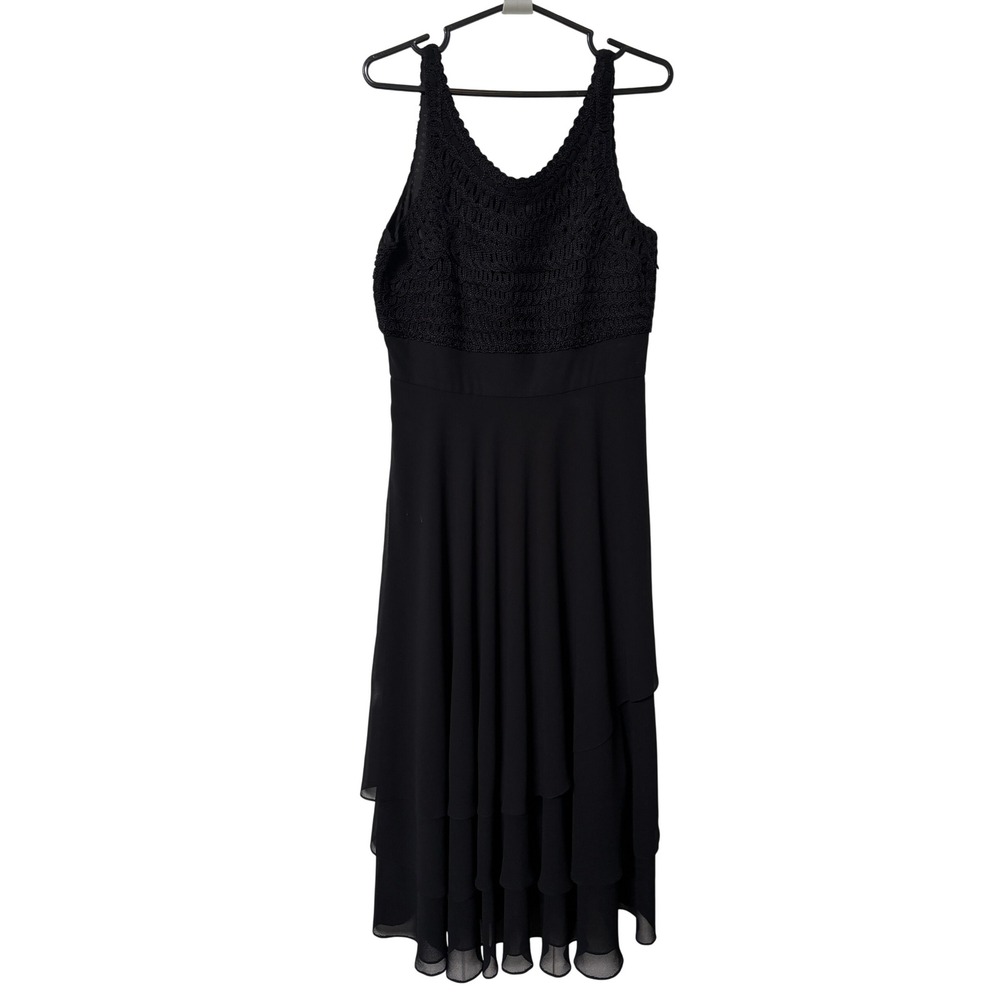 Y2K Jacques Vert Black Crochet Lace Tiered Chiffon Midi Dress Womens 8 Whimsy
